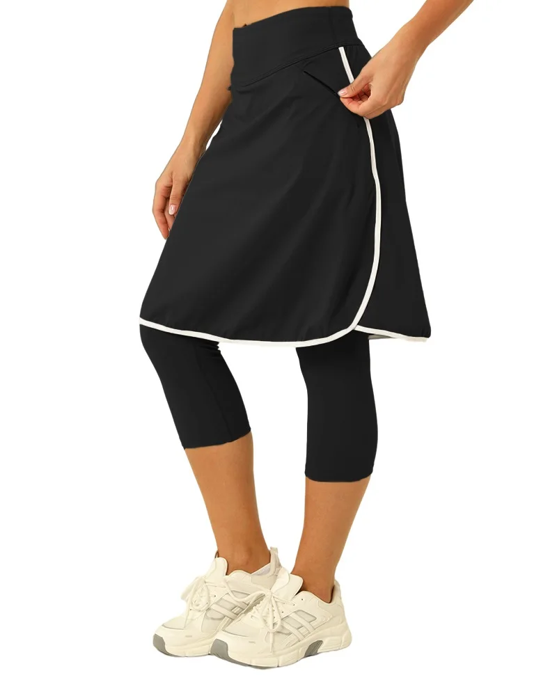 Women Sports Tennis Skirts Knee Length With Capri Pants Workout Yoga Skirted Leggings Athletic Skorts Pants With Pockets