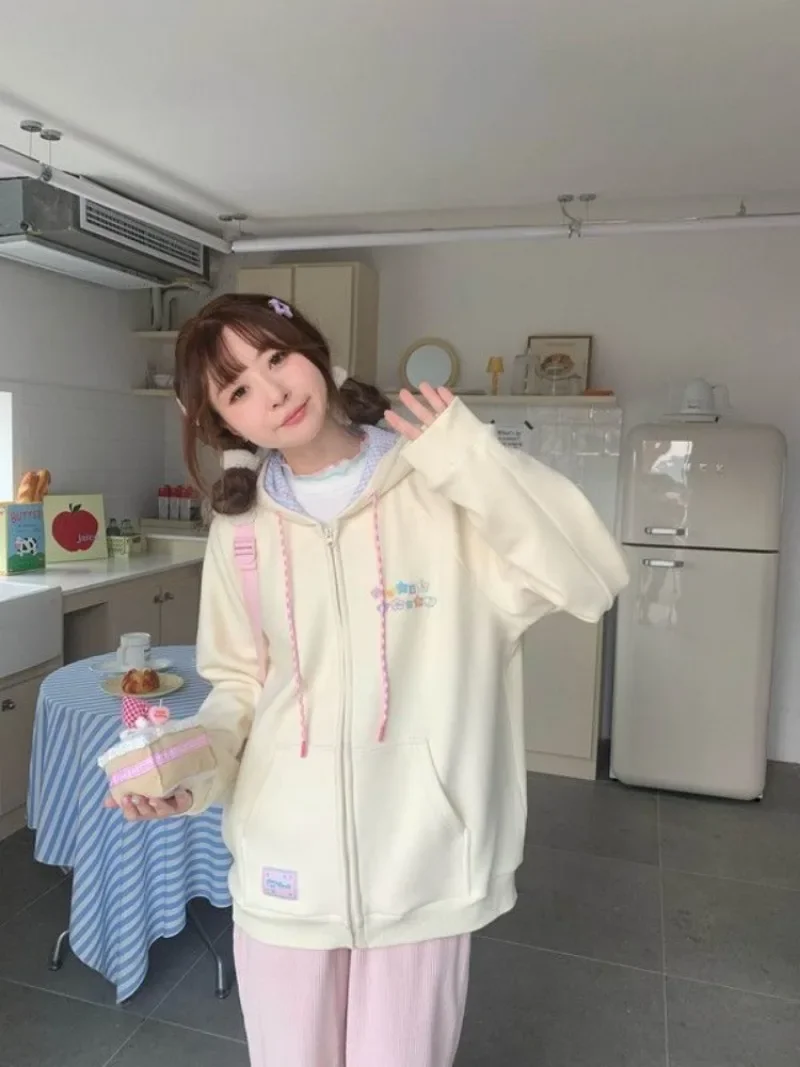 Korean Style Cute Zip Up Hoodie Women Y2K Girly Kawaii Hooded Jacket Oversize Japanese Harajuku Sweet Embroidery Outerwear