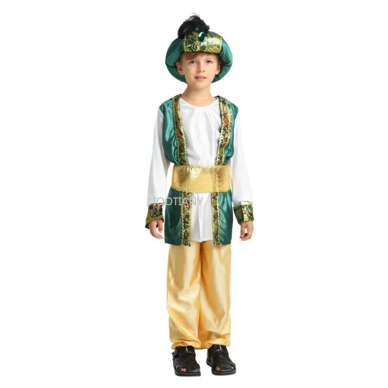 Eltern-Kind Arabischer Grüner Prinz Rollenspiel Kostüm Kinder Aladdin Lampe Genie Kostüm Karneval Adam Prinz Fantasia Kleidung