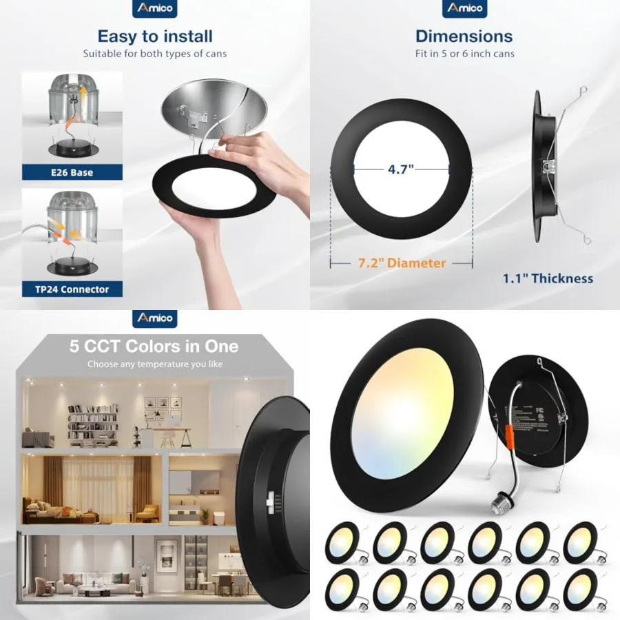 

Recessed Lighting 5/, 12 Pack 5CCT Flat LED Can Lights, 2700K/3000K/000K/5000K/000K Selectable, 12W Eqv 110W, 1050LM Brightness