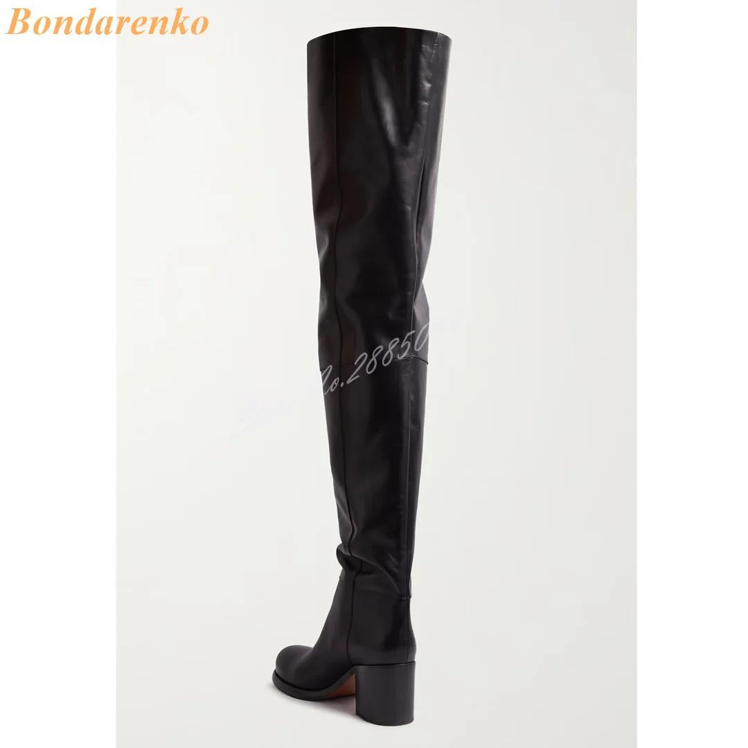 Round Toe Chunky Heels Boots Leather Slip On Thigh High Boots Solid New Style Women Shoes Winter Autumn Party Runway Designer