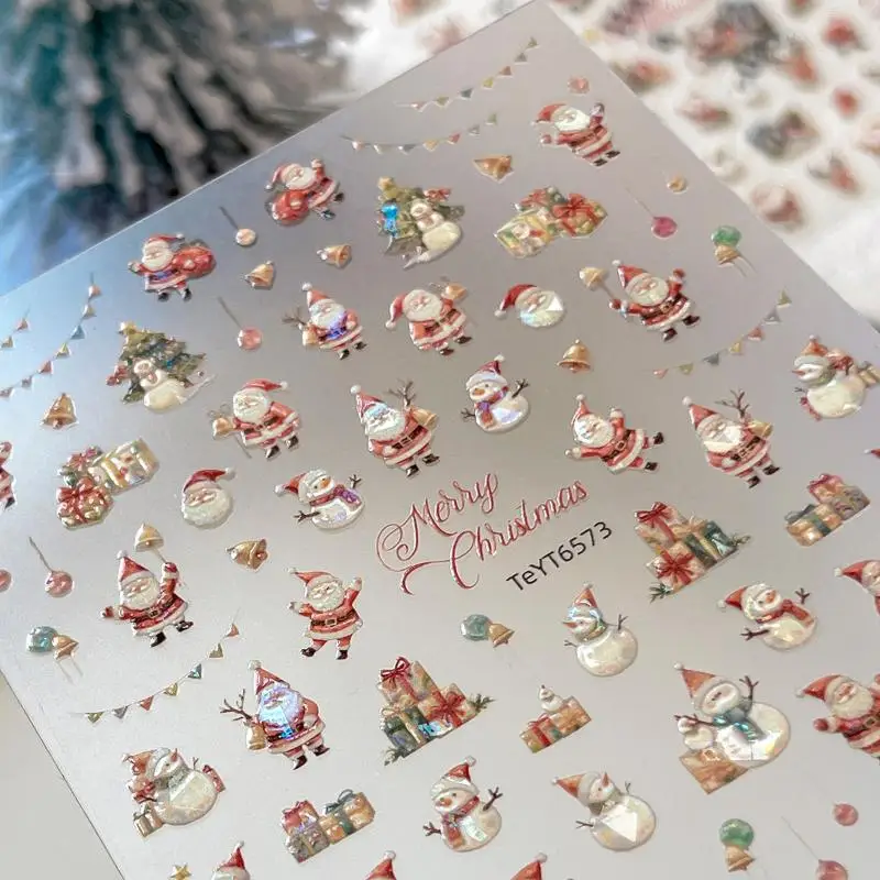 Adesivi per unghie di Natale Fiocco di neve in rilievo Albero di Natale 3D Babbo Natale Alce Pupazzo di neve Cartone animato Indossare adesivi per unghie Decorazioni per manicure