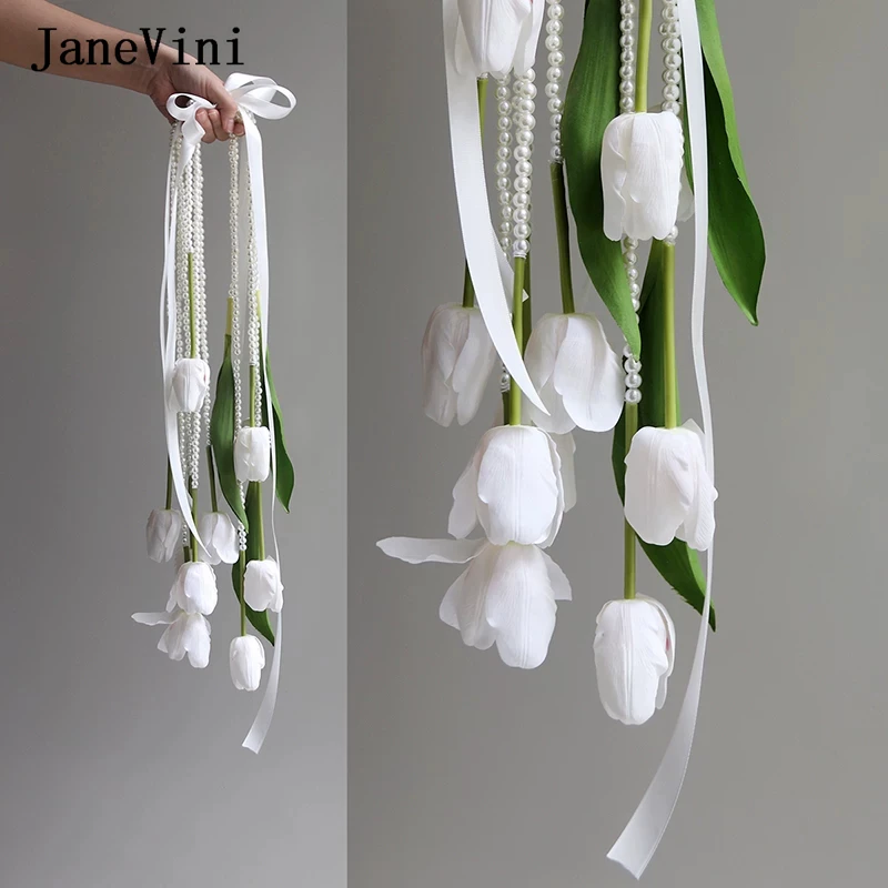 

JaneVini White Tulip Cascading Bridal Bouquet with Pearl Ribbon Artificial Long Waterfall Wedding Hand Bouquet for Bride Elegant