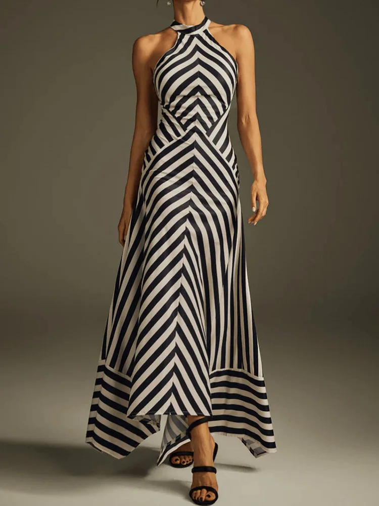 أنيقة الرسن بلا أكمام مساء فستان طويل المرأة مثير عارية الذراعين الجوف خارج فستان الحفلات موضة مخطط طباعة فساتين ضئيلة #4