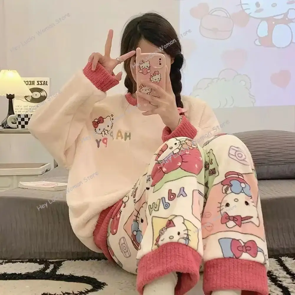 Pyjama à manches longues Kawaii Cinnamoroll Roll pour filles, pyjama chaud en velours Plus, dessin animé Anime, étudiant, vêtements de maison en glouton Kuromi, 2 pièces