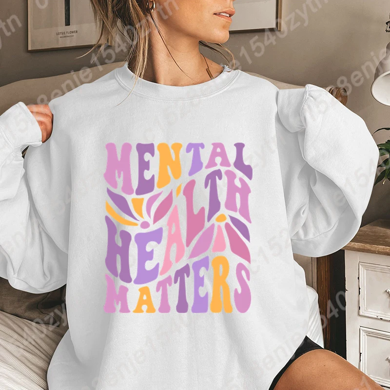 Women Fashion Tops Flower Mental Health Matters Print Round Neck Pullovers Casual Sport Outdoor Long Sleeve Hoodless Sweatshirts