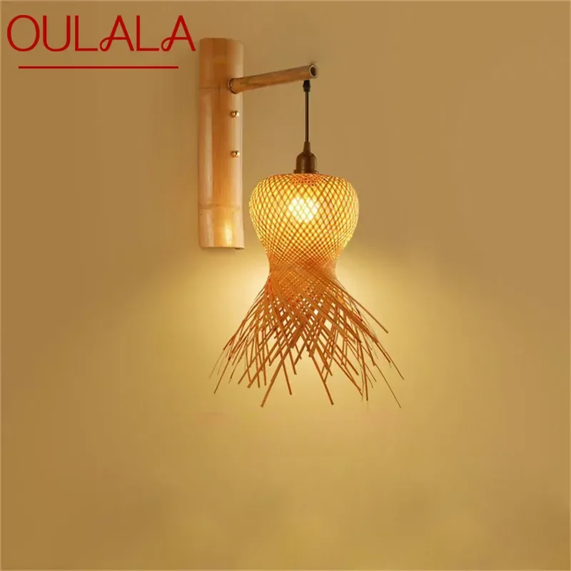 

OULALA Modern Weaving Bamboo Art Wall Lamp LED Creative Living Room Restaurant Bedroom StudyTea Homestay Aisle Retro Wall Light