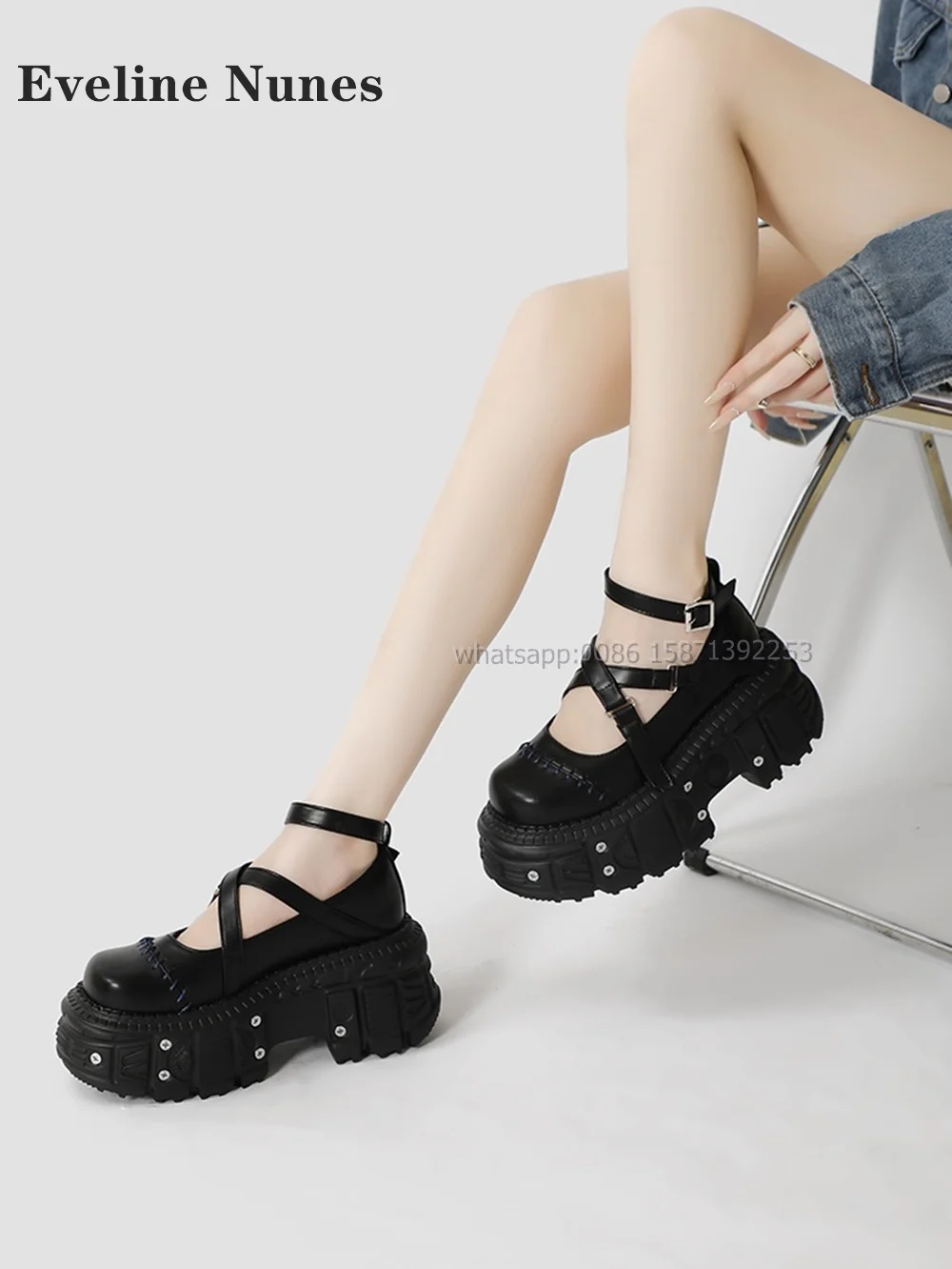 Rivet Sewing Thick Sole Pumps Round Toe Snake-Like Buckle Strap Hollow Black Shoes Platform Height Increasing Retro Punk Shoes