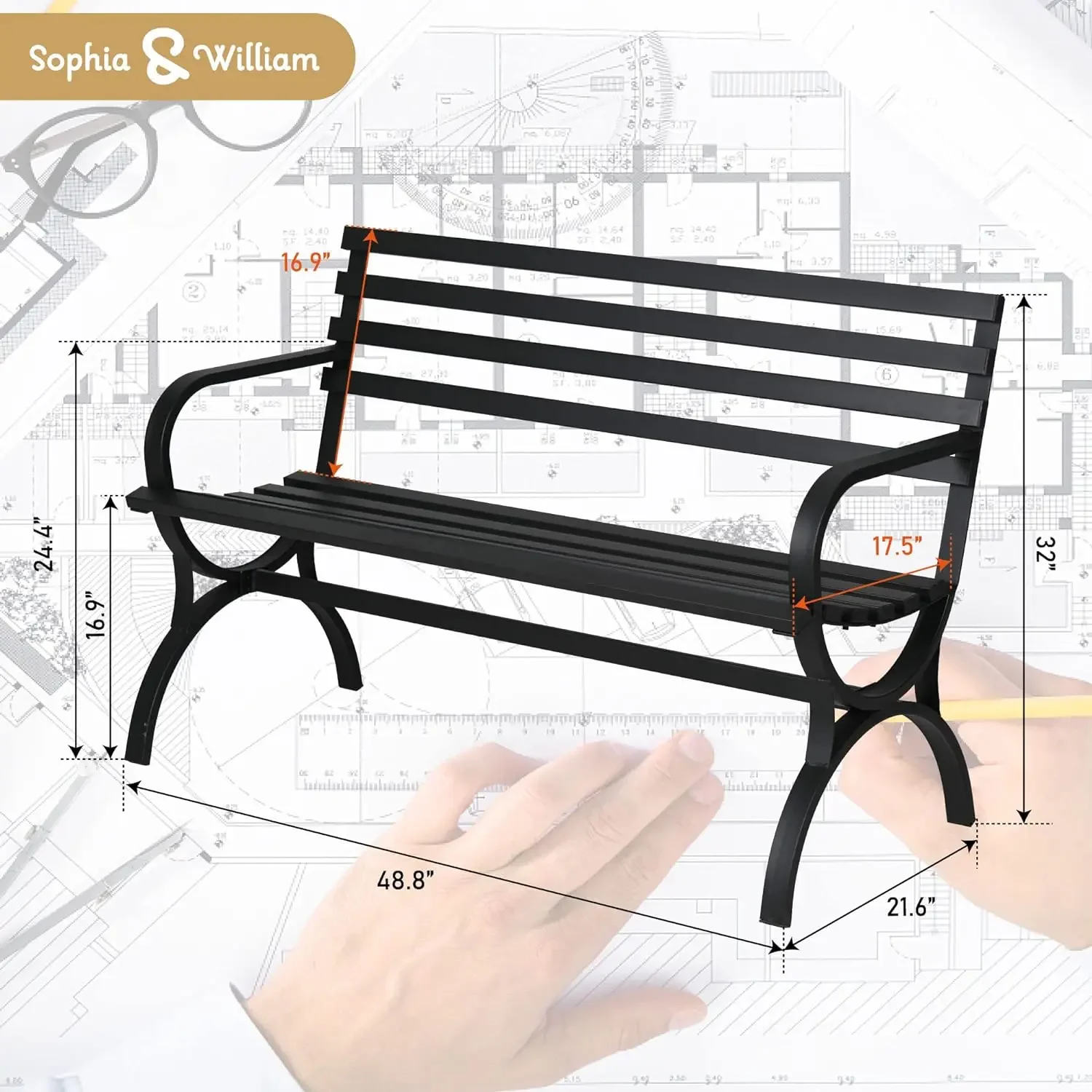 Outdoor Garden Bench Patio Park Bench, Metal Frame Furniture with Backrest and Armrests for Porch Yard Lawn Deck