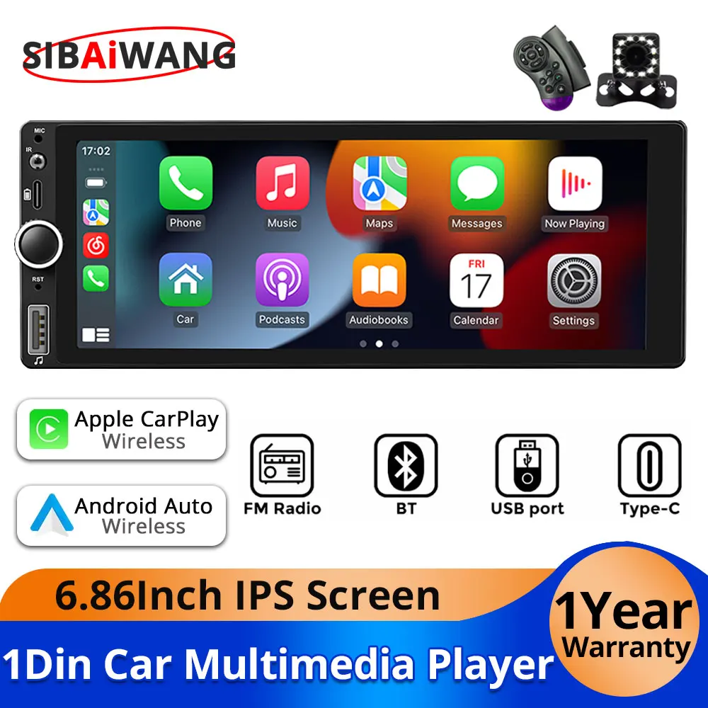 

1DIN 6.86Inch Wireless Carplay Android Auto Car Radio Bluetooth Multimedia Video MP5 Player With USB Support Rearview Camera