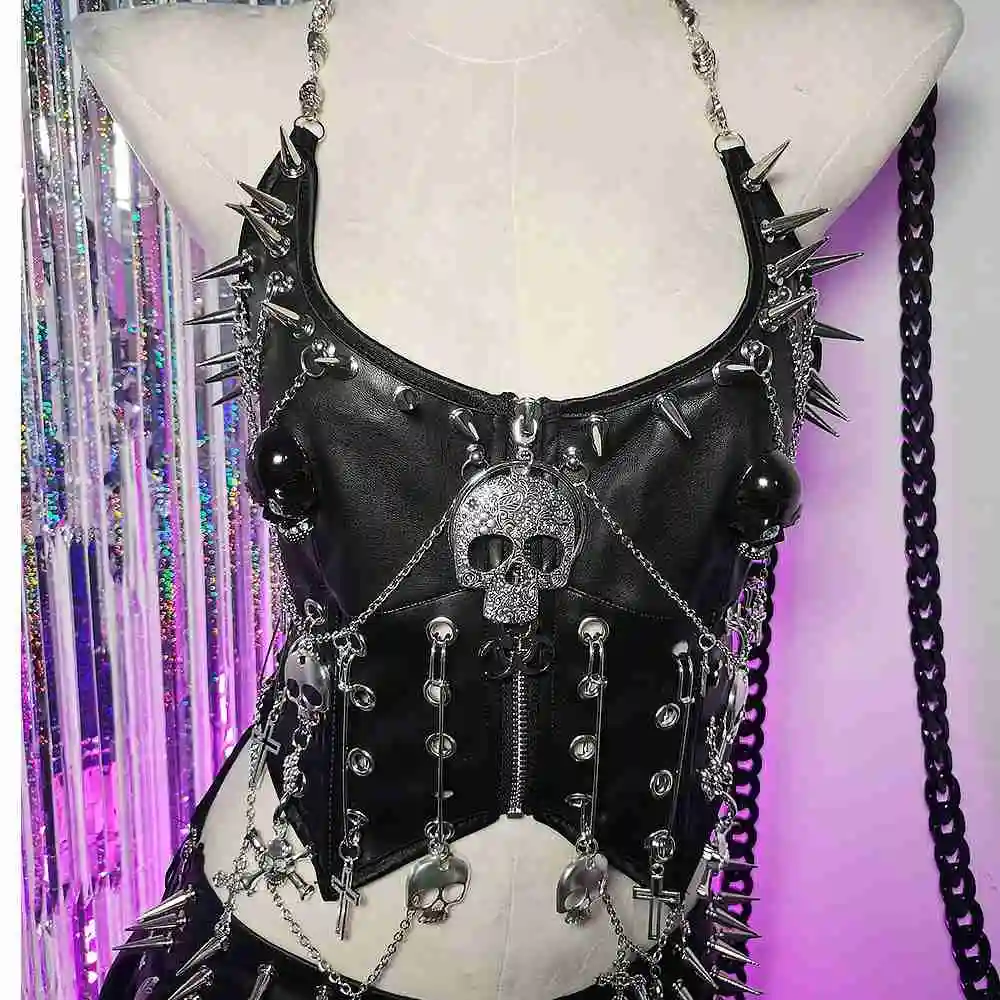 

Punk Rock Chain Y2K Halter Camisole TOPS Harajuku Emo Goth Cross Trendy Skull E-Girls Spike Studded Rivet Hip Hop Grunge Gothic