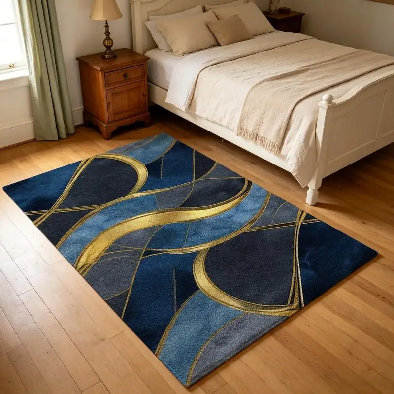 Luxury Navy Blue Gold Line Abstract Carpet Flooring, Modern Art Area Rug for Home Decoration