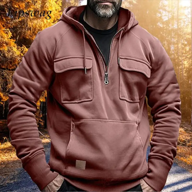 

Винтажные толстовки с капюшоном и несколькими карманами, мужские весенне-осенние уличные модные однотонные толстовки-карго, топы, мужские свободные пуловеры