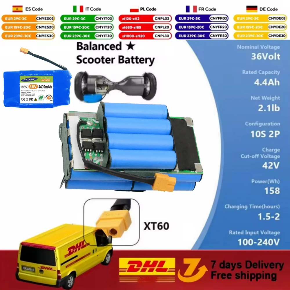 

High-quality 36V 4400mAh 10S2P Rechargeable Lithium-ion Battery for Electric Self-balancing Scooter,HoverBoard and Unicycle