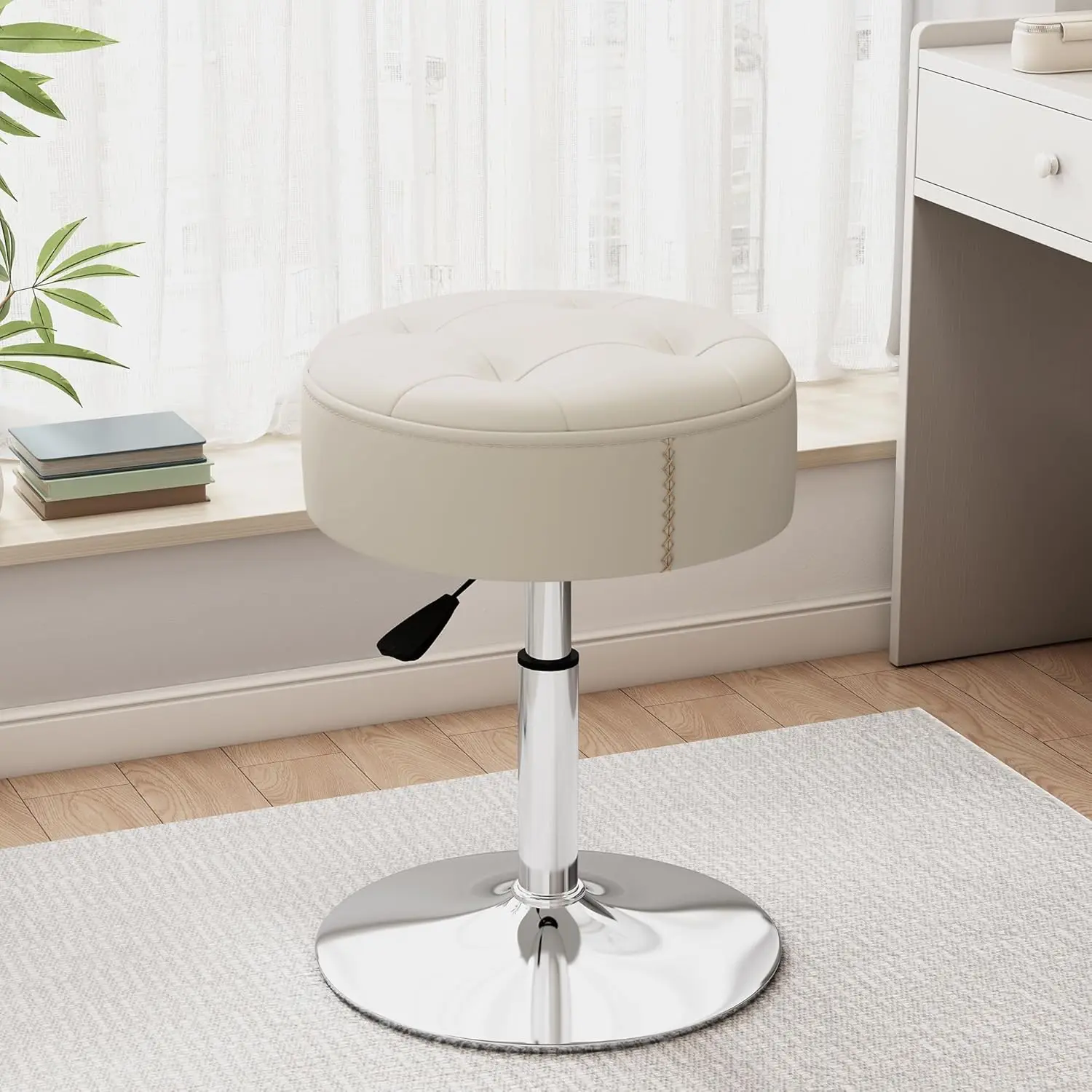 White Adjustable Vanity Stool with 360° Swivel, Heavy Duty 300lbs Capacity, Fire-Resistant for Makeup Desk