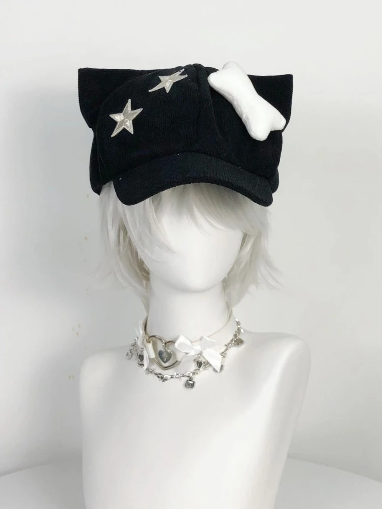 2024 Women Japanese Gothic Harajuku Lolita Girls Hat Kawaii Cute Bone Star Cap Y2k Aesthetic Chic Ear Bucket Hats Female Vintage