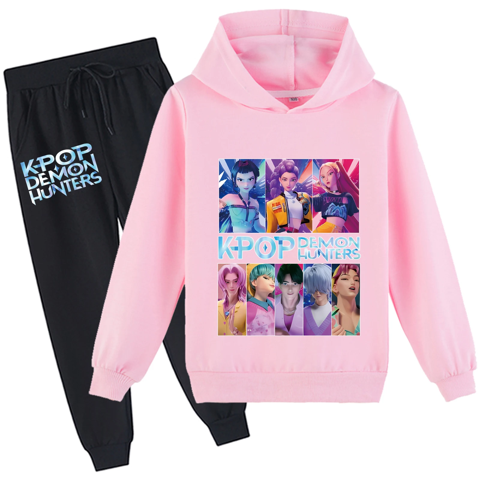 Completi da 2 pezzi unisex per bambini Kpop Demon Hunters Top alla moda e pantaloni lunghi, felpe con cappuccio a maniche lunghe autunnali per 2-14 anni