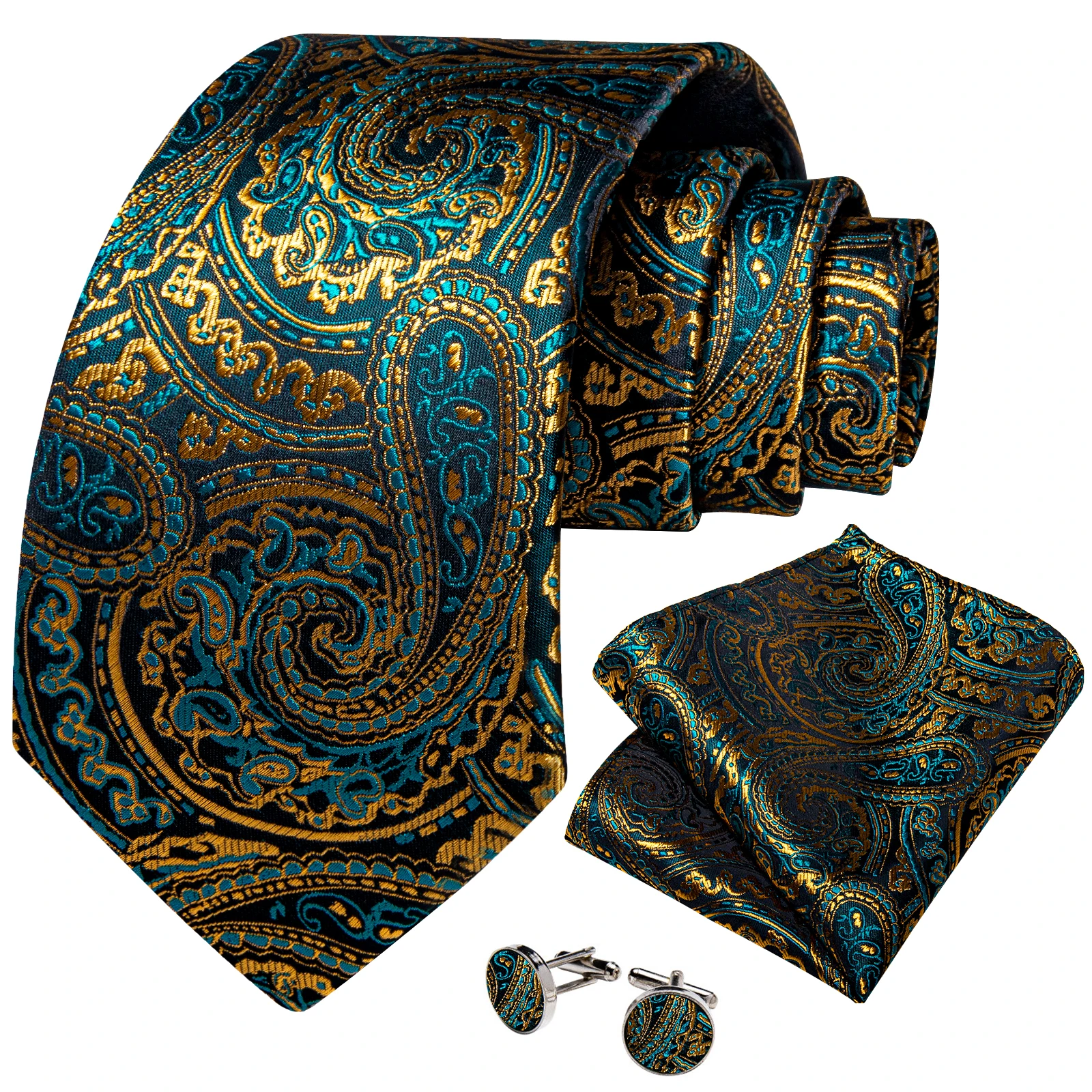 Grüne und goldene Paisley-Krawatten für Herren, Brosche, Einstecktuch, Manschettenknöpfe, Business-Hochzeitsanzüge, Bräutigam-Accessoires, Geschenk – Detail 10