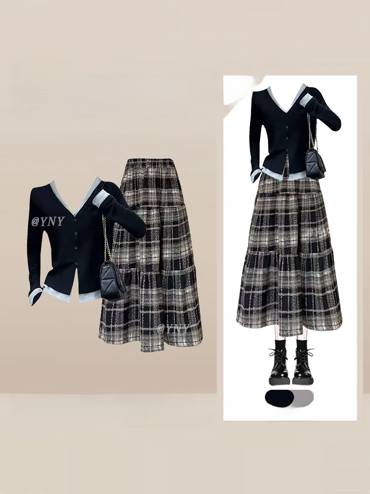 

Ele Осенний женский наряд, корейский вязаный топ с V-Ne Long Sve и клетчатая юбка, комплект из двух предметов