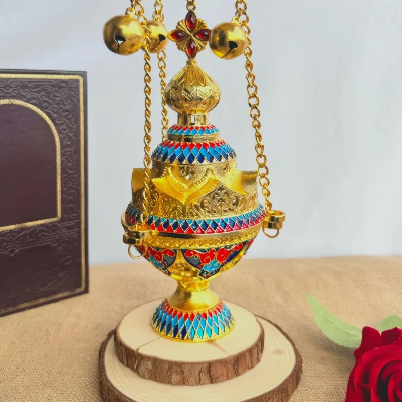 New 2026 Ornate Gold Tone Enamel Censer Incense Burner with Chain for Orthodox Church Altar Prayer and Religious Ritual Use G