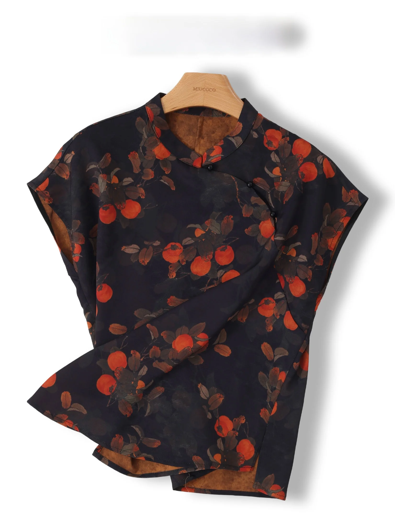 

New Chinese Style Shirt with Button Design Printed on Mymi Xiangyun Fabric Cucumber Tail Design Summer Thin Short Sleeve Wome...