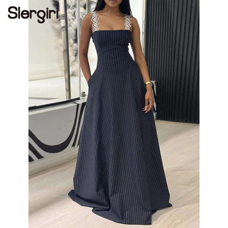 

Slergiri Striped Pocket Square Neck Lace crochet Cami Dress Women Fashion New 2026 Summer Elegant Party Vacation Long Dresses