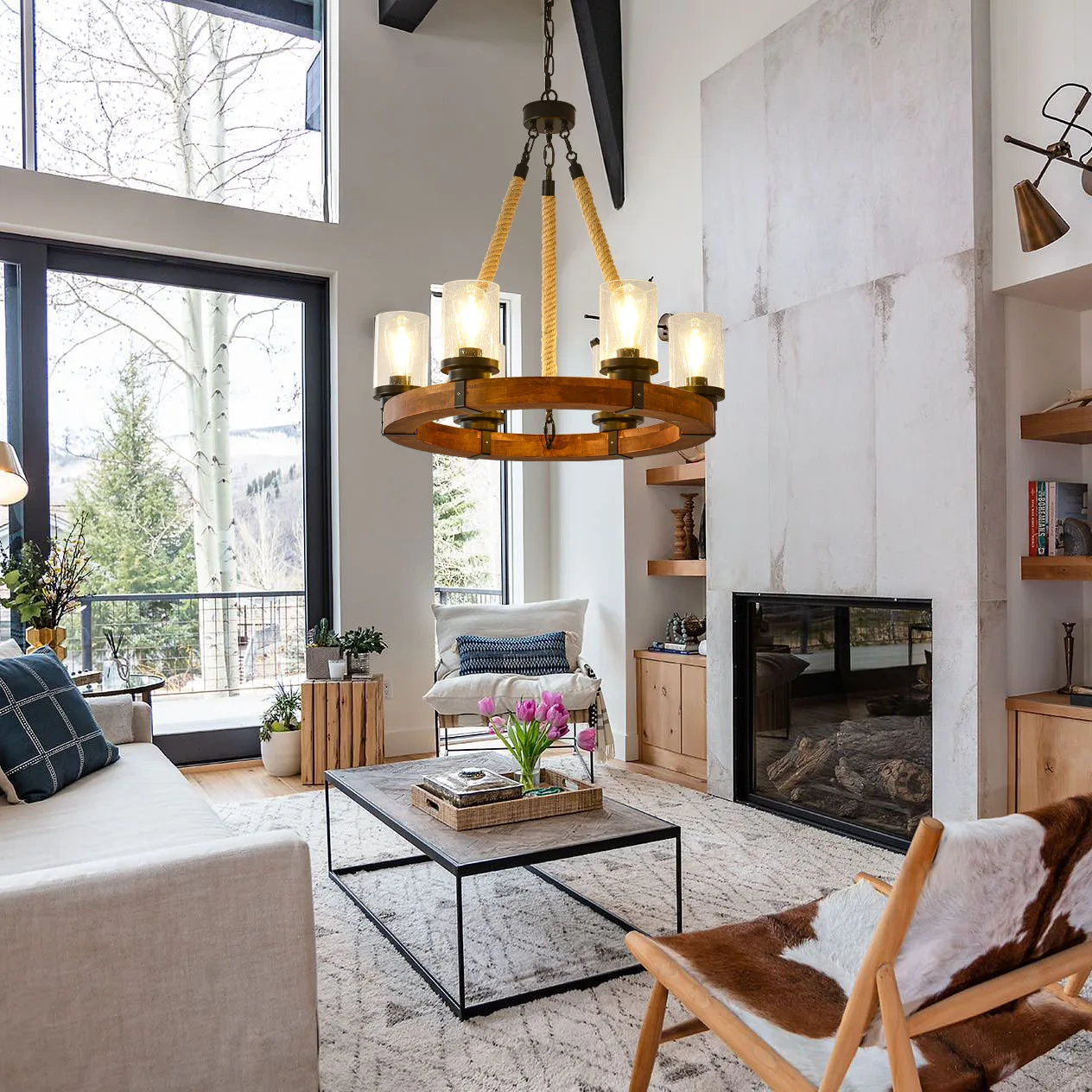 

American Style Rural Farmhouse 6 Wooden Heads Pendant Light Oval E26 Base Lampshades for Chandeliers Pendant Lights Lighting