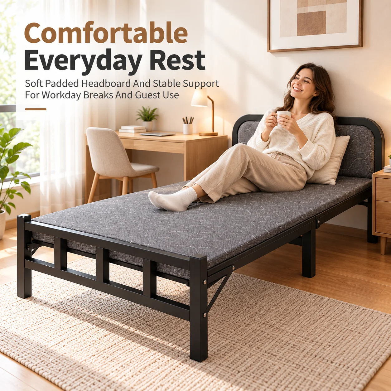 AOLIVIYA Folding Bed Portable Guest Bed Single Sleeper Cot With Steel Frame Padded Headboard For Office Nap Hospital Companion