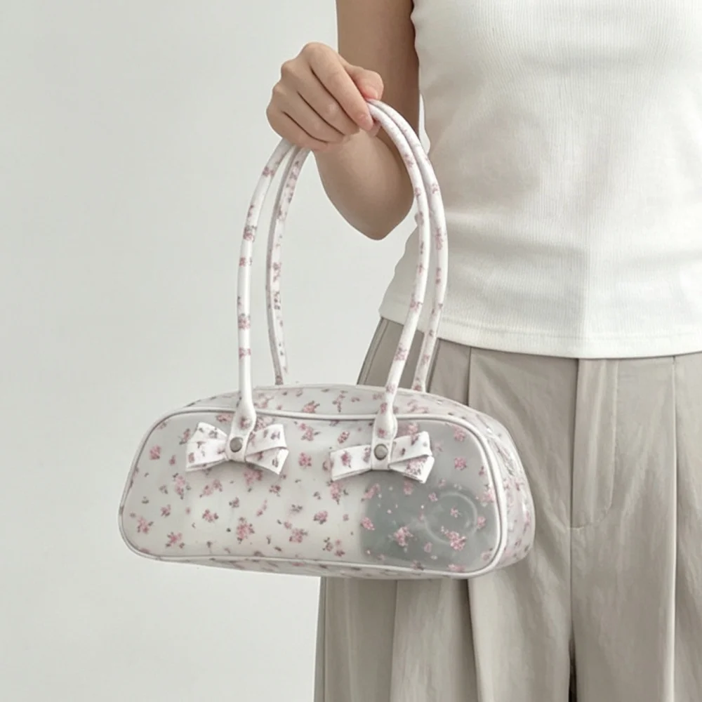 Romantic Girl Floral PVC Shoulder Storage Bag Bow Decoration Mini Boston Handbag Y2K Coquette Aesthetic Purse For Shopping Party - view 2