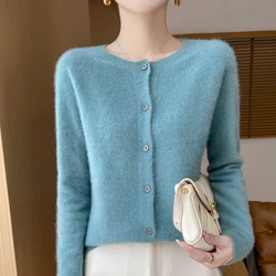 New ladies in autumn and winter 100% merino wool cardigan ladies O-neck long sleeve solid color knitted warm cashmere cardigan