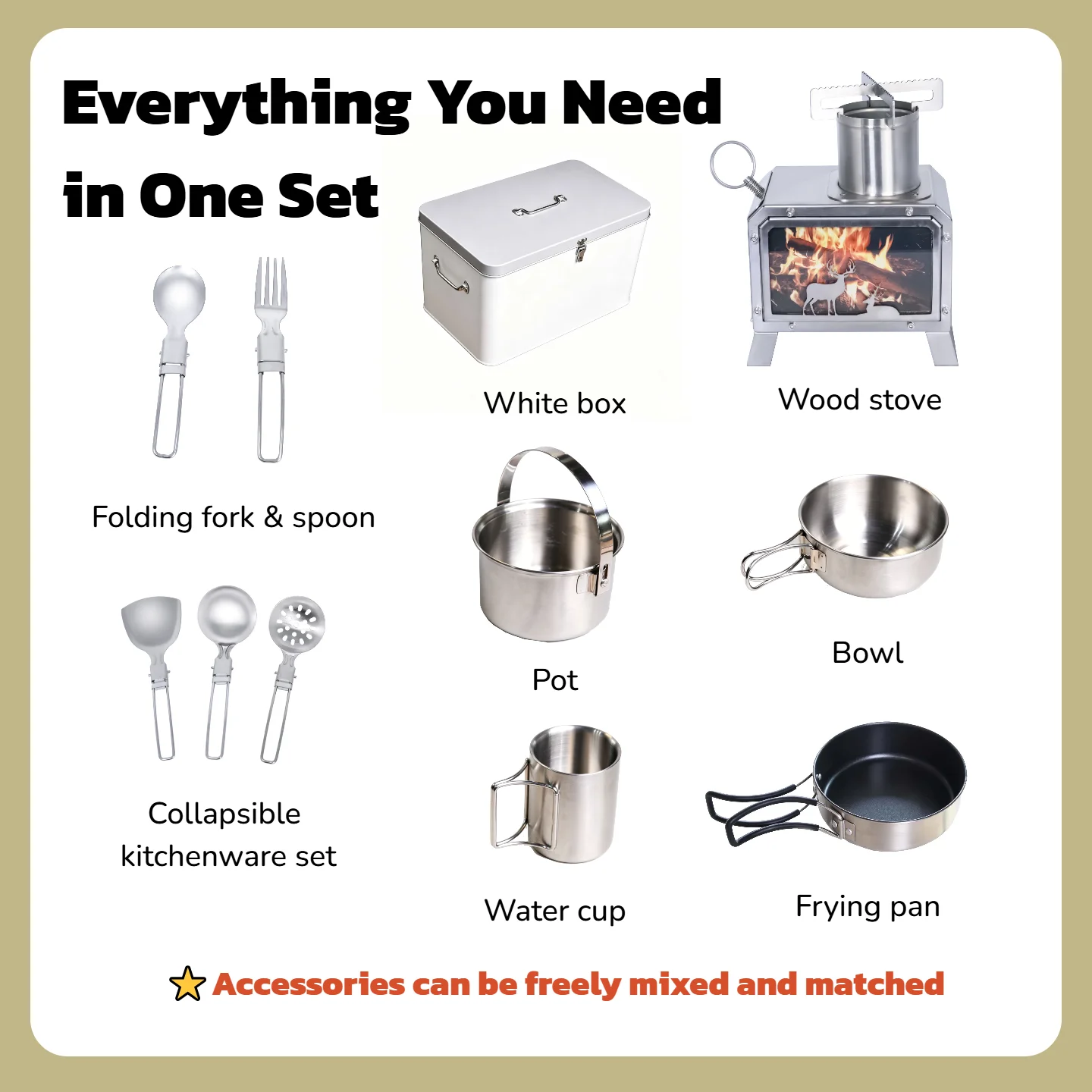 Camping Cookware Set Kit Portable All in One with Stainless Steel Wood Stove for Outdoor Hiking Travel Cooking and Picnic
