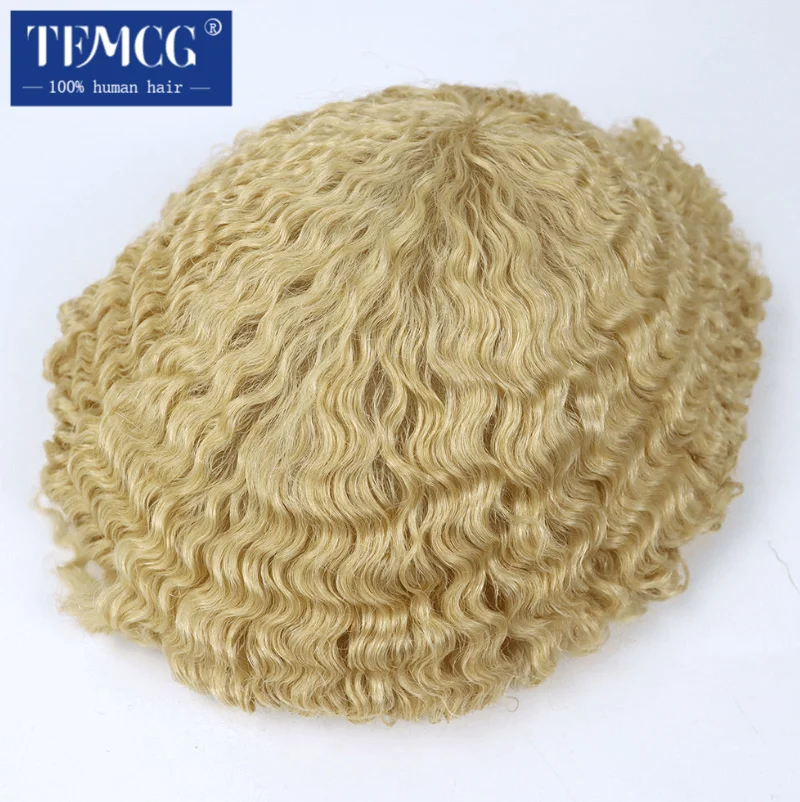 Men's Wig Afro Curly Full Lace Male Hair Prosthesis 100% Human Hair Male Wig Protesis Capilar Hombre Blonde 613 Hair Systems