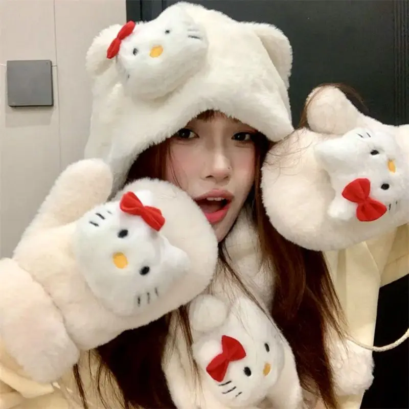 Hello Kitty Girl Hat Three Piece Set Winter Cycling Keep Warm Child Scarf Cartoon Kawaii Fashion Gloves Cute Outdoor Baotou Hat