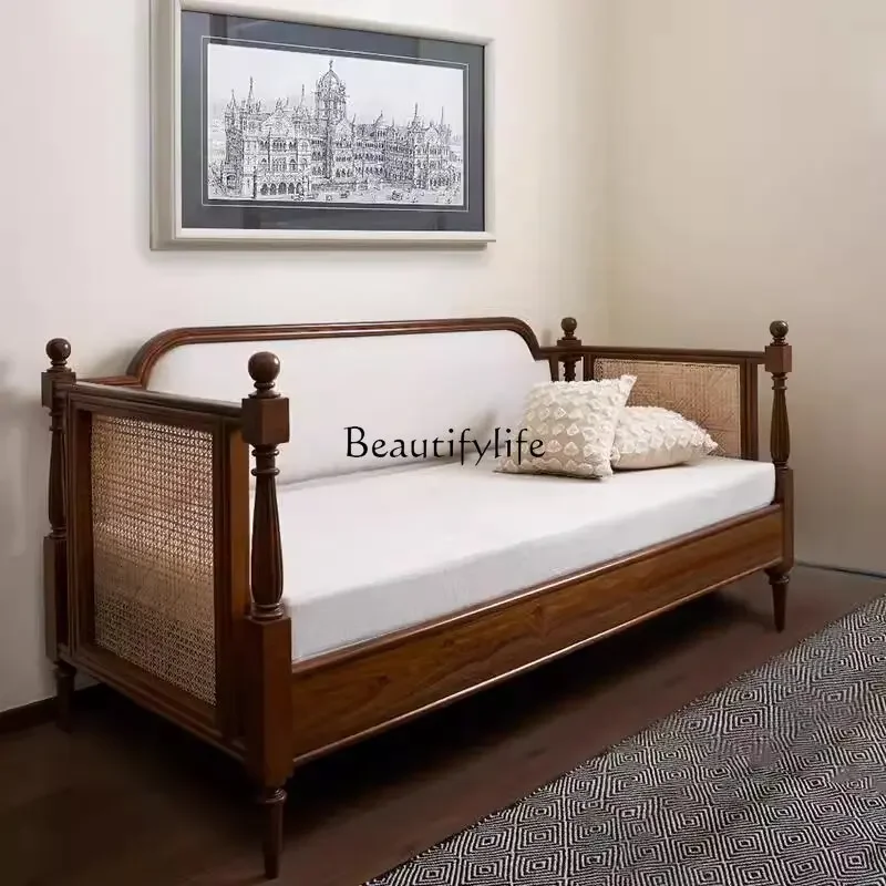 

ls 04French solid wood sofa old retro rattan weaving living room study casual straight medieval