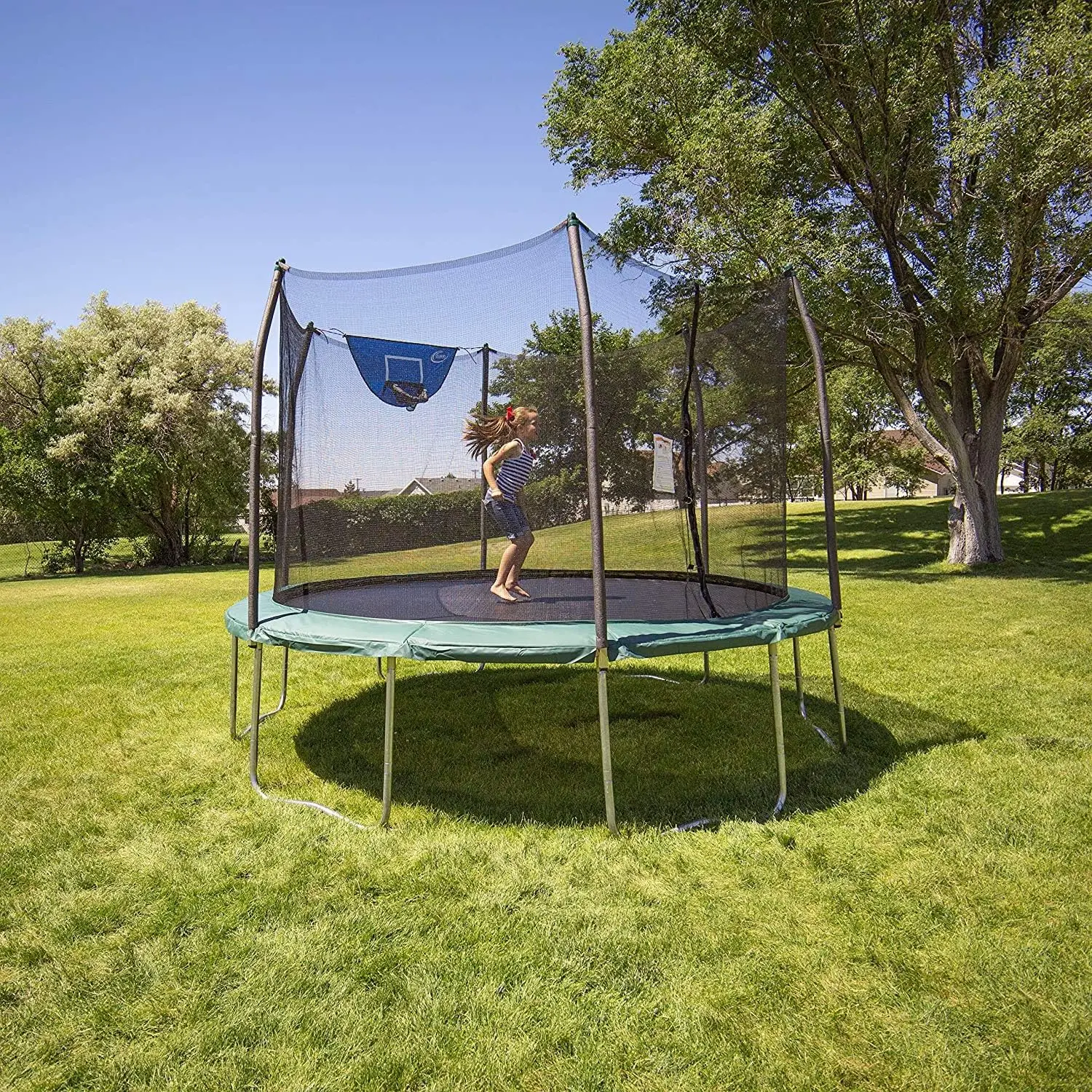 Jump N' Dunk 8 FT, 12 FT, 15 FT, Round Outdoor Trampoline for Kids with Enclosure Net, Basketball Hoop