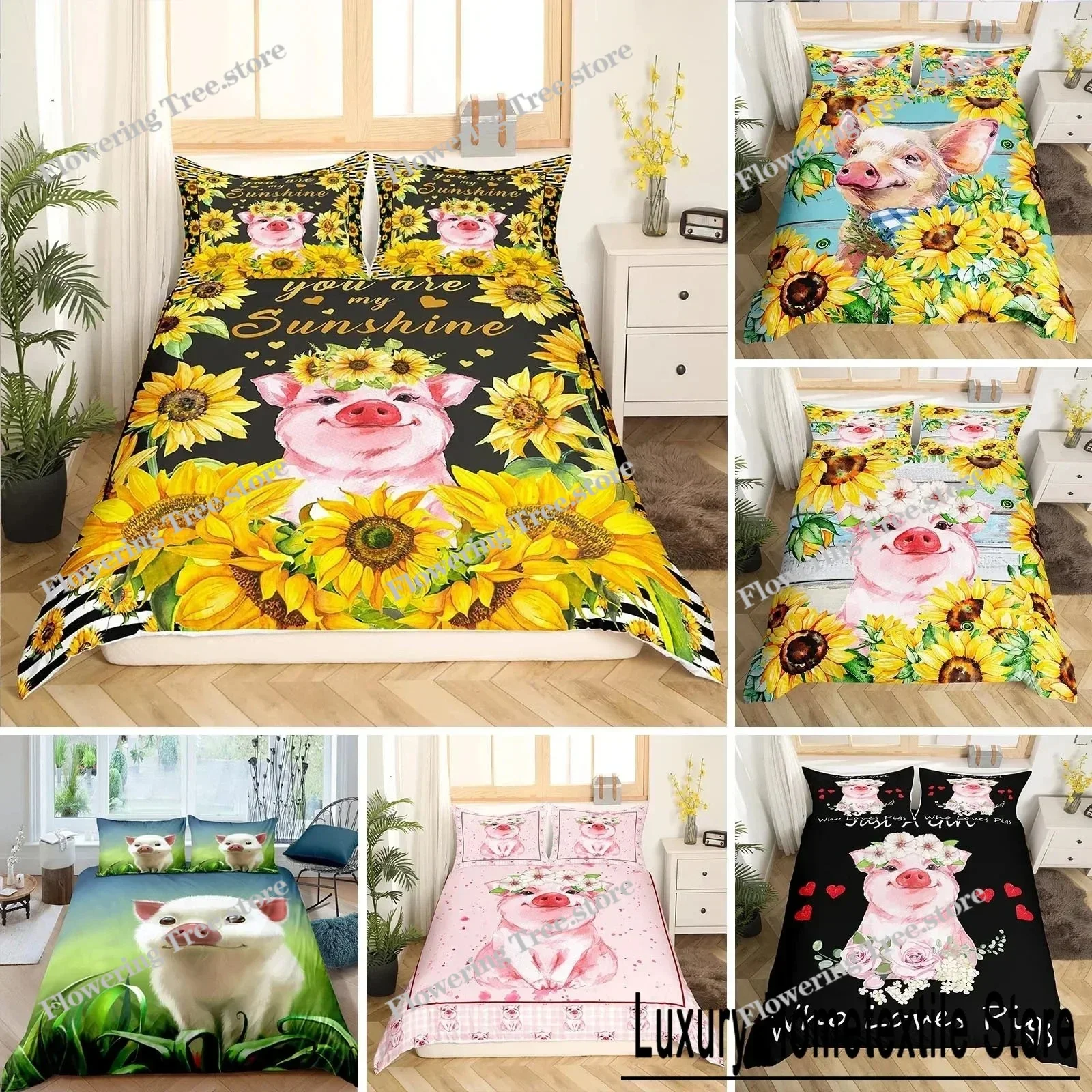 

Pink Pig Duvet Cover King Queen Size Cartoon Farm Animal Bedding Set for Kids Yellow Sunflowers Polyester Comforter Cover