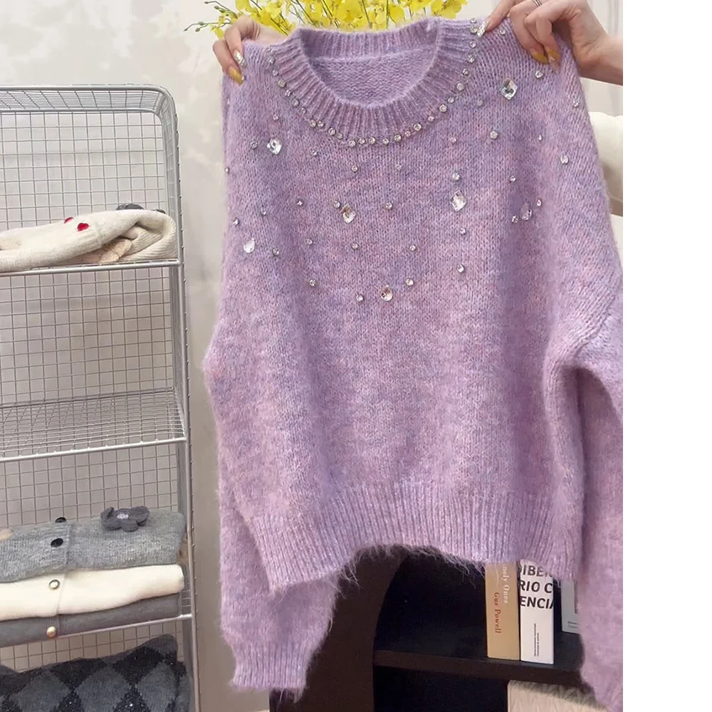 Women's Rhinestone Embellished Sweater Autumn Winter Round Neck Soft Warm Pullover Tops Ladies Fashion Knitted Sweaters