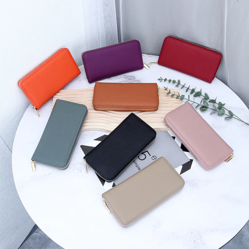 Western Lychee Grain Cowhide Leather Women Wallet Large Capacity Multi Card Slots Zipper Coin Purse for Ladies
