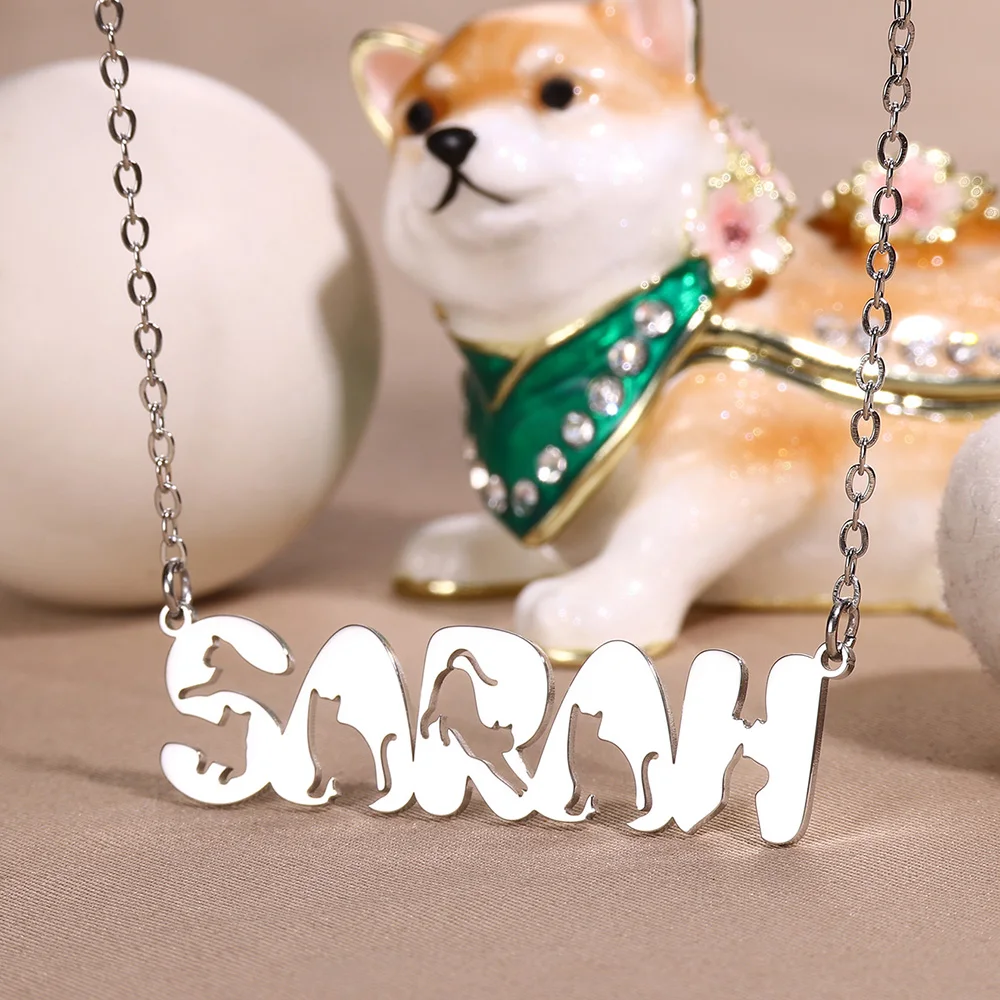 Custom Cute Cat Name Necklace Women Girl Children Jewelry Stainless Steel Kitty Nameplate Pendant Necklace Best Gifts For Kids