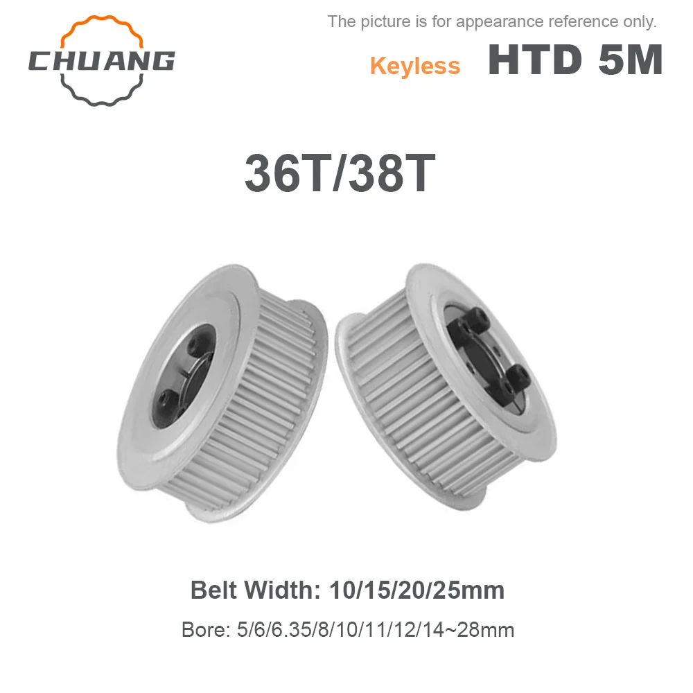 

36T/ 38Teeth HTD 5M Timing Pulley Keyless Bushing Bore 5/6/8/9/10/11/12/14/15 ~28mm for Belt Width 10/15/20/25mm