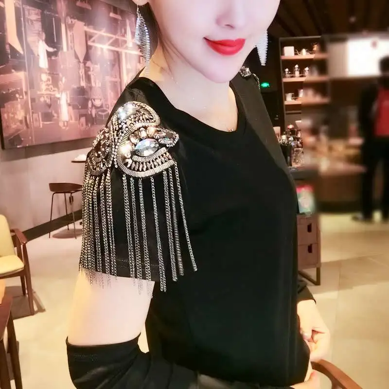 Short sleeved T-shirt for women spring and summer 2025, shoulder patch with diamond studded tassel stage performance outfit, top