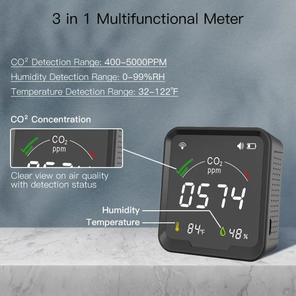 Multifuncional Digital CO2 Medidor, Temperatura e Umidade Tester, DNIR Sensor, Detector De Dióxido De Carbono, Monitor De Qualidade Do Ar, 1,2 Pcs
