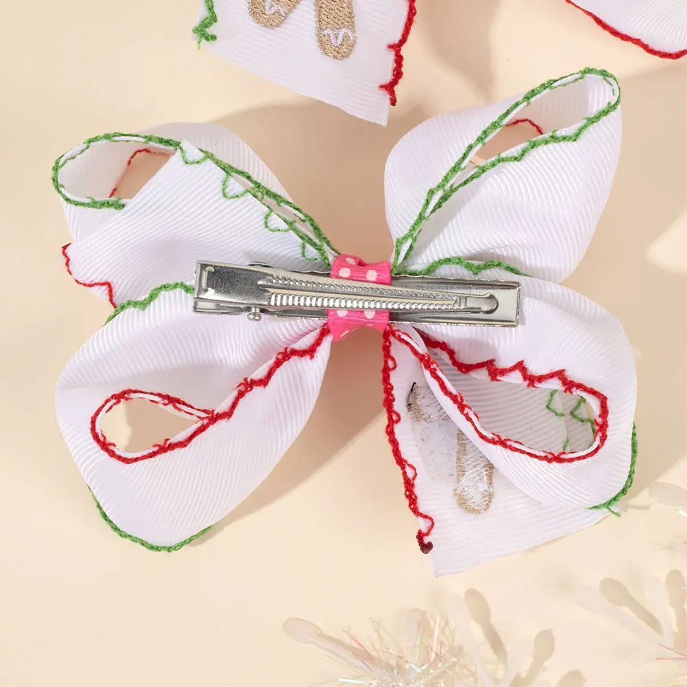 2Pcs Embroidered Gingerbread Man Hair Bow Clip Kids Christmas Party Hairpin Santa Claus Barrettes Hair Accessories New Year Gift