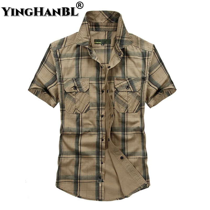 

Summer Shirt Men Casual Shirts Plaid Pure Cotton Loose Military Streetwear Male Plus Size 5XL Chemise Homme Business
