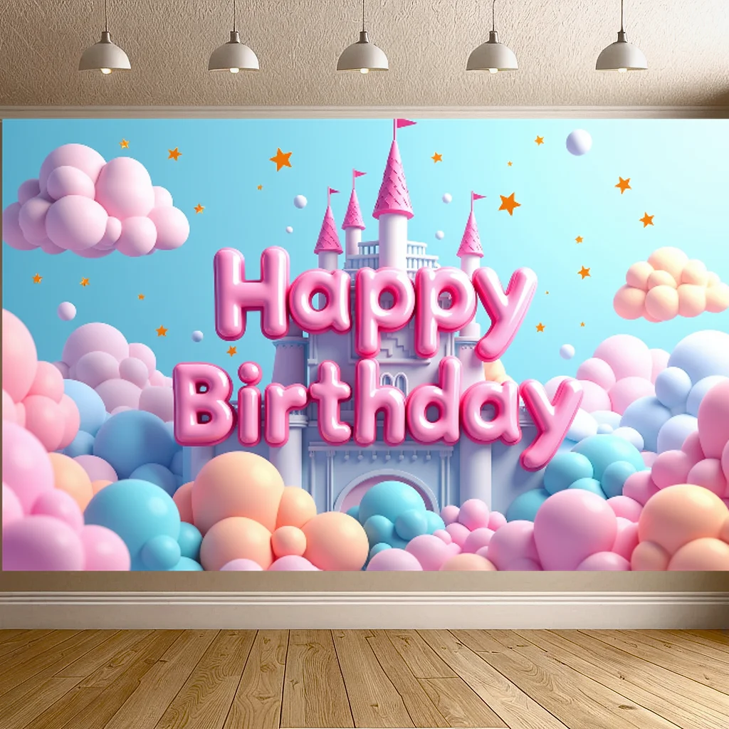 Polyester Happy Birthday Backdrop Banner Castle Balloon Baby Shower Party Decor Photo Photographic Background Studio Shoot