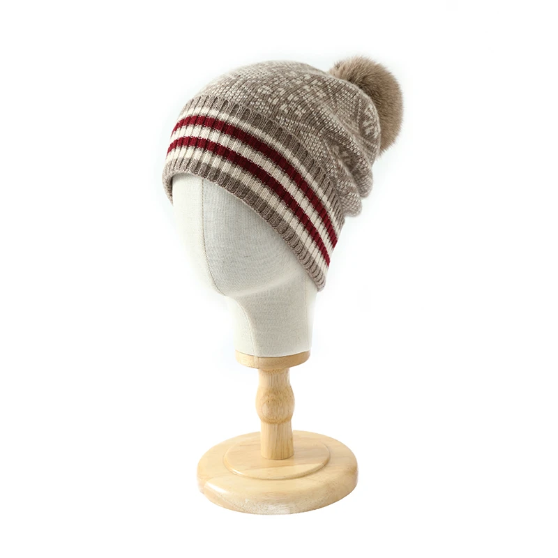

100% Cashmere Thick Hat with Fox Fur Pom - pom and Stripes, Exclusive Pattern for Ladies, a New Trend of Elegance and Warmth