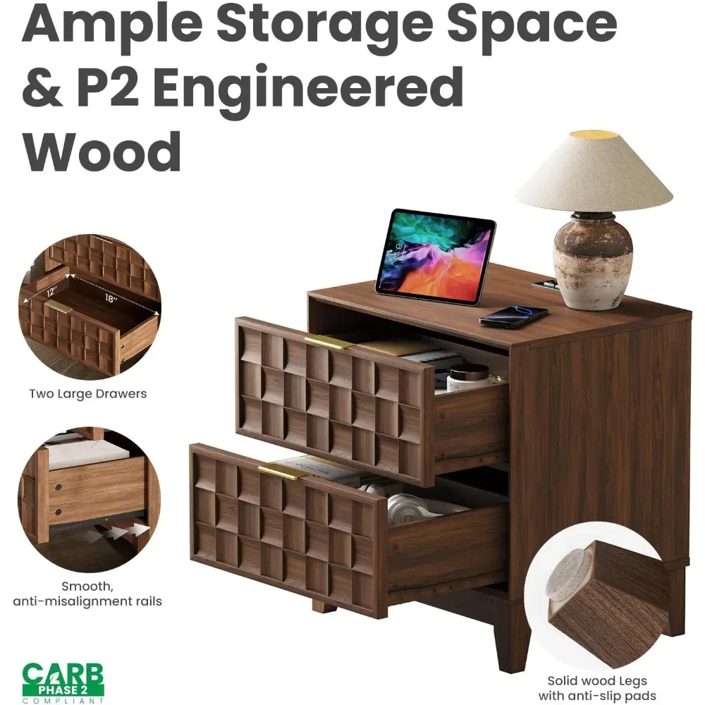 Mesa final, estação de carregamento de mesa de cabeceira, mesa lateral de cama moderna com 2 gavetas de armazenamento, alívio de tabuleiro de xadrez para quarto, dormitório pequenos espaços