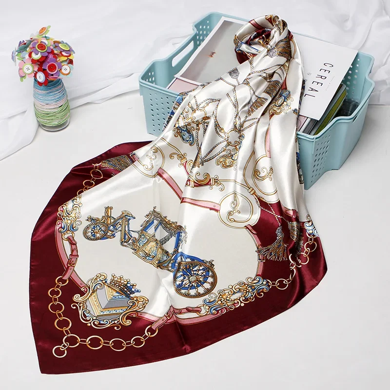 QLUKEOYY Silk Scarf 90*90CM Imitation Silk New Carriage Chain Printing Small Square Scarf Women Hijab Scarf Women Luxury