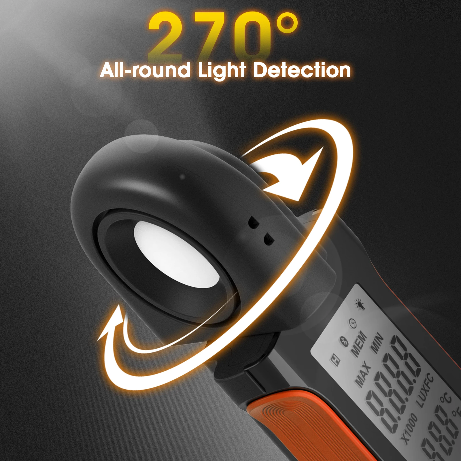 Picture 6: HOLDPEAK Professional Handheld Light Meter 1-400000Lux Bluetooth APP 30 Data Memory Thermometer 270° Rotating for Plants LED
