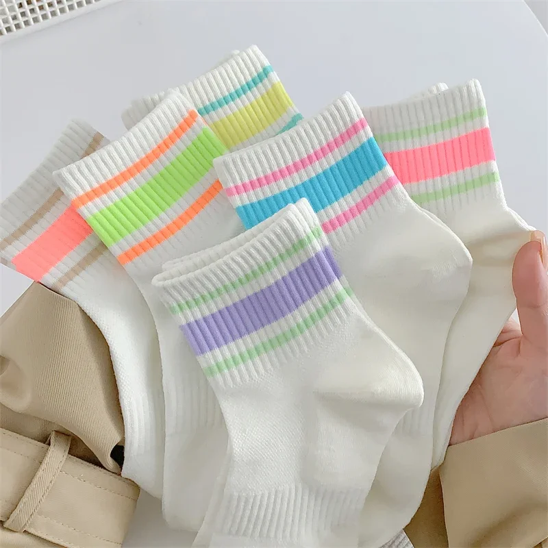 Conjunto de meias finas listradas para mulheres, 6 pares, cor mista, casual, estilo preppy, simples, básicas meias brancas, malha multipack, novo